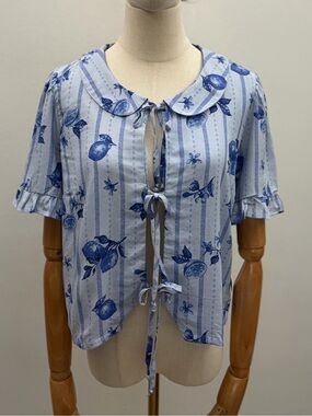 Self Esteem Lemon Print Tie Front Blouse XL and L Blue White Linen Blend NWT